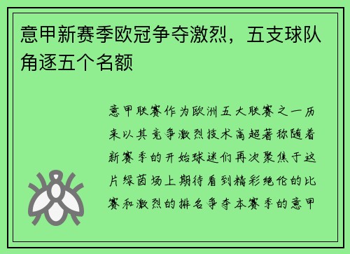 意甲新赛季欧冠争夺激烈，五支球队角逐五个名额