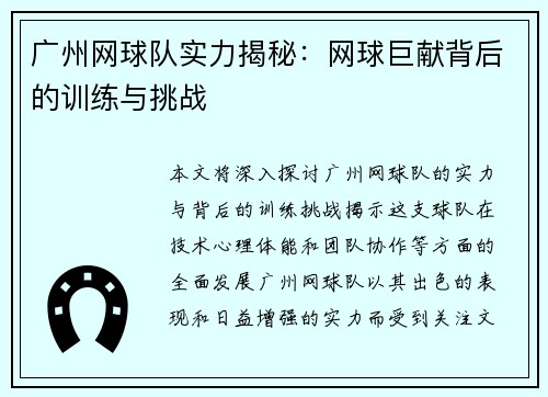广州网球队实力揭秘：网球巨献背后的训练与挑战